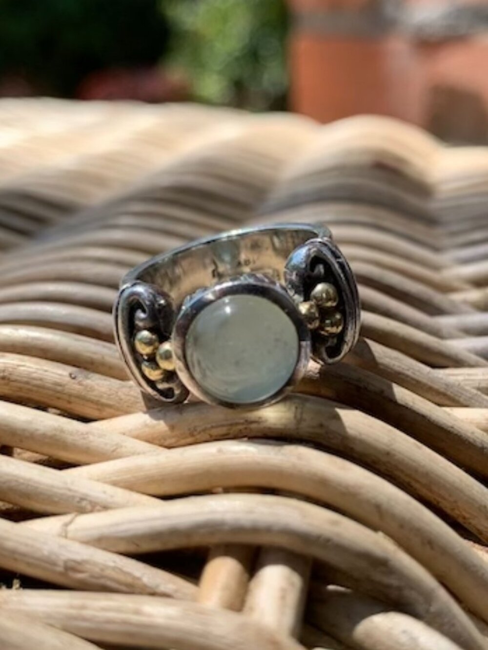 Sterling Silver 925 & 18K Gold Bead Chalcedony Ring | Artisan Statement Ring | 6